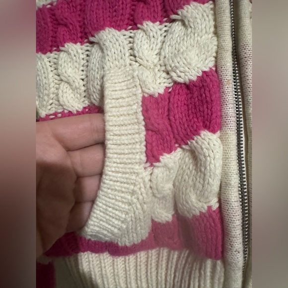 Pink Victoria's Secret Pink Striped cableknit Cardigan Faux Fur Hood Small logo - Picture 6 of 10